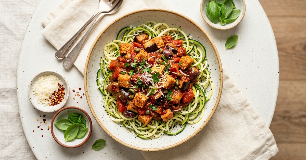 Batch-Prep Italian Tempeh Puttanesca with Eggplant & Parmesan Zoodles