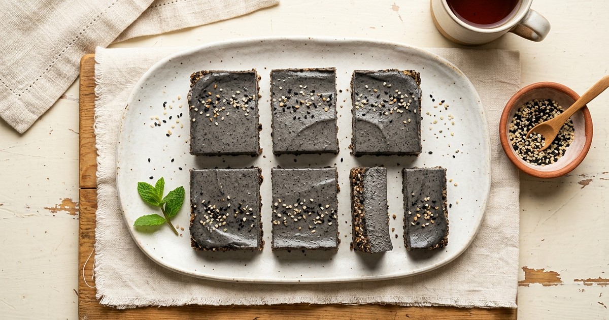 Batch-Prep Korean Black Sesame Cheesecake Bars with Walnut-Hemp Crust