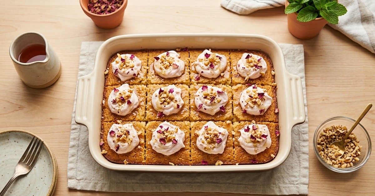 Batch-Prep Mediterranean Almond Basbousa with Rose Cream & Walnuts