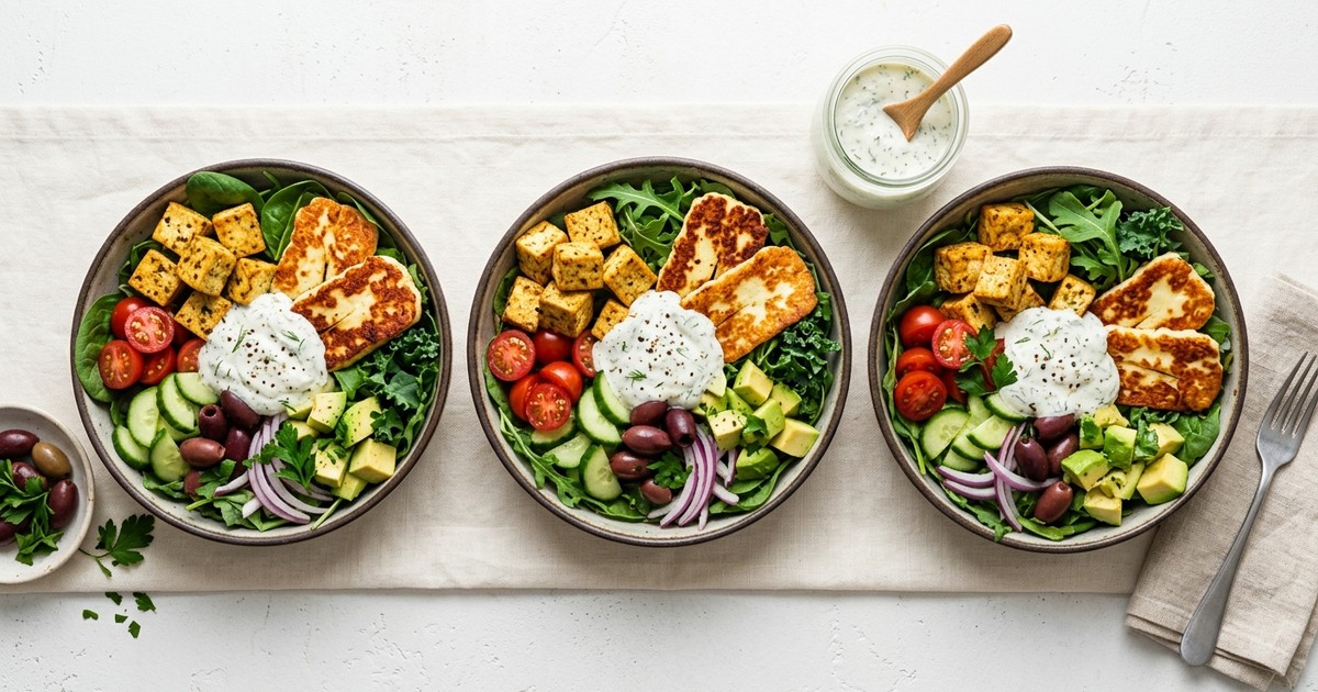 Batch-Prep Mediterranean Tofu & Halloumi Bowls with Creamy Dill Yogurt