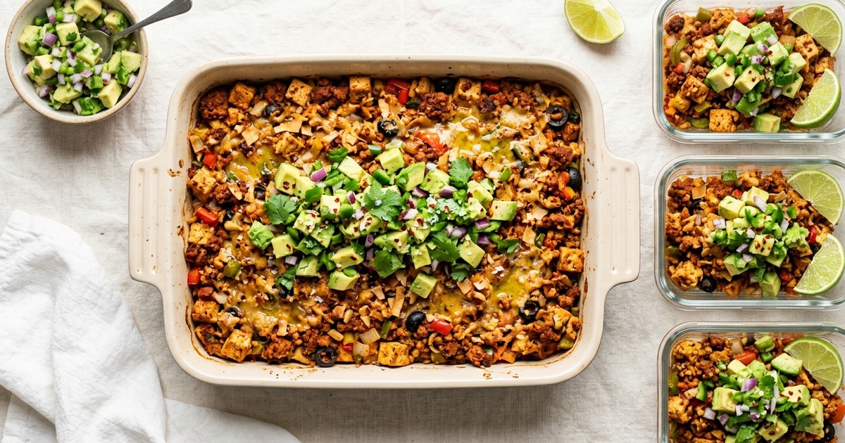 Batch-Prep Mexican Coconut Chorizo Tofu Bake with Avocado Salsa