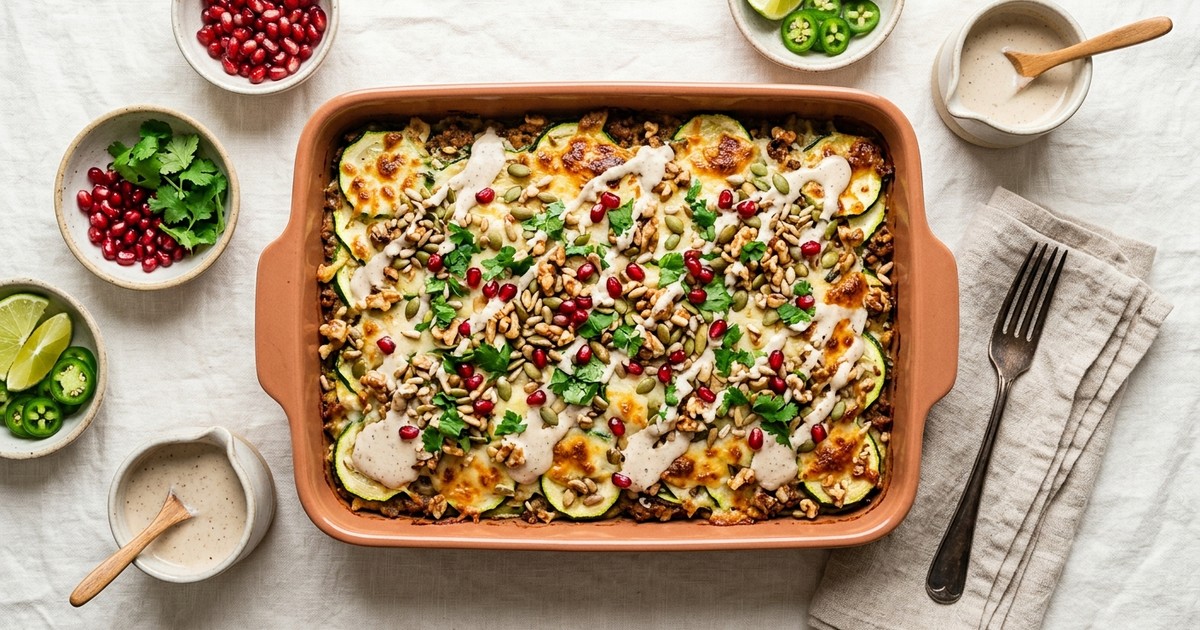 Batch-Prep Mexican Nogada Zucchini Bake with Walnut-Seed Cream
