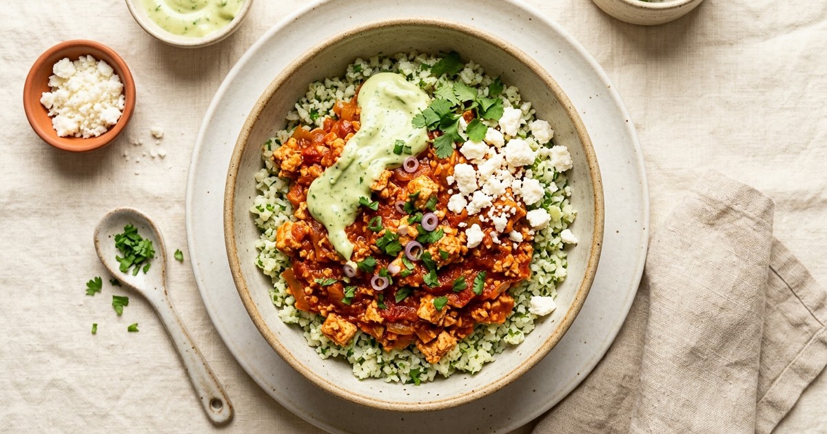 Batch-Prep Mexican Tofu Tinga Bowls with Cotija & Avocado Crema