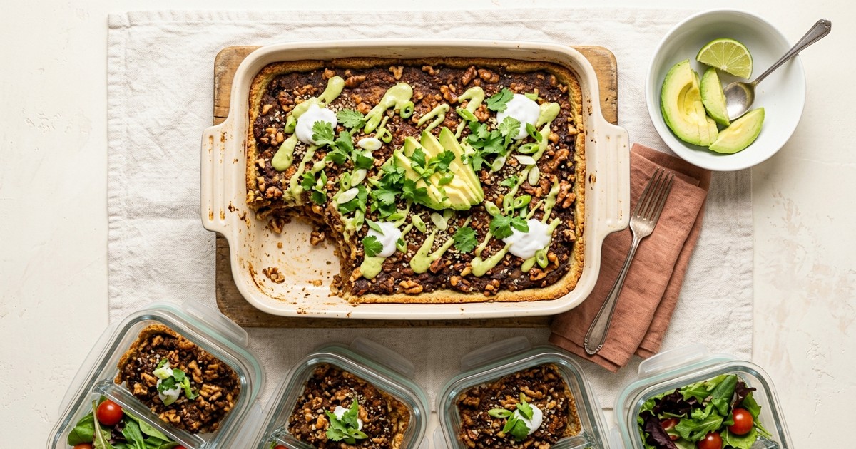 Batch-Prep Mexican Walnut-Hemp Tamale Pie with Avocado-Lime Drizzle