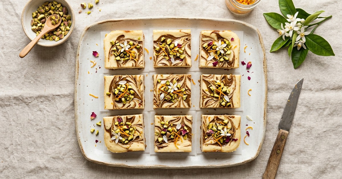 Batch-Prep Ricotta Tahini Swirl Bars with Orange Blossom & Pistachios