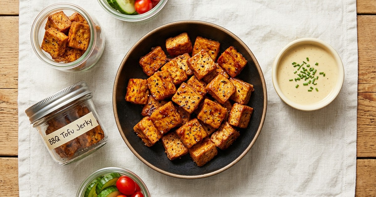 Batch-Prep Smoky BBQ Tofu Jerky Bites with Tahini-Mustard Dip