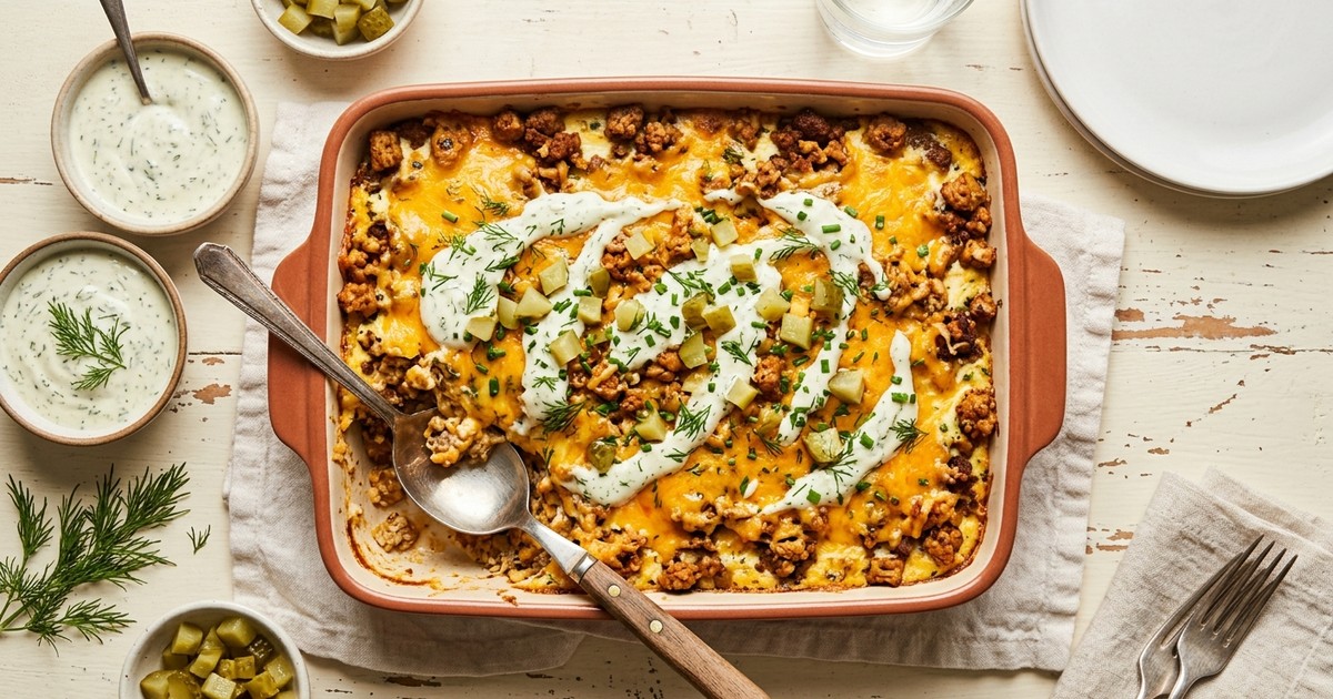 Batch-Prep Tempeh Cheeseburger Casserole with Dill Pickle Cream