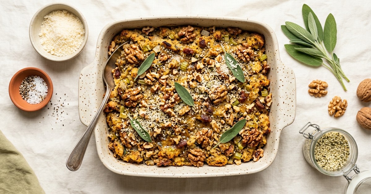 Batch-Prep Walnut-Hemp Sage Stuffing with Brown Butter & Parmesan