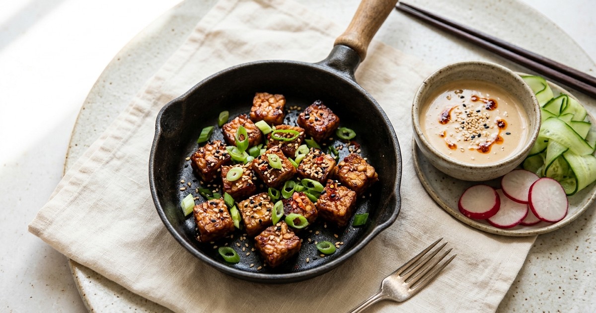 Crispy Skillet Gochujang Tempeh Bites with Sesame Dipping Sauce