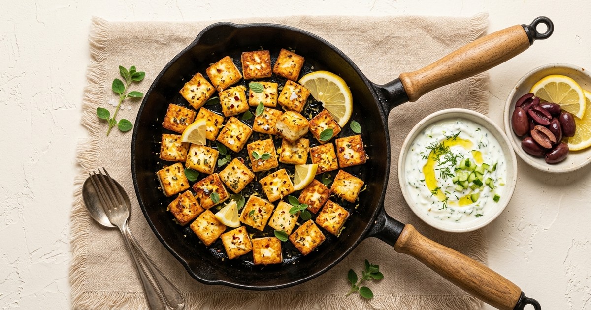 Crispy Skillet Greek Paneer Bites with Cool Tzatziki