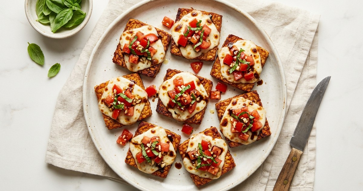 Crispy Skillet Tempeh Bruschetta with Melted Mozzarella