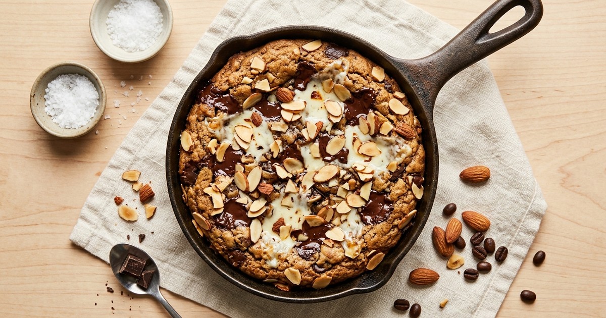 Gooey Italian Mozzarella Skillet Cookie with Dark Chocolate & Espresso