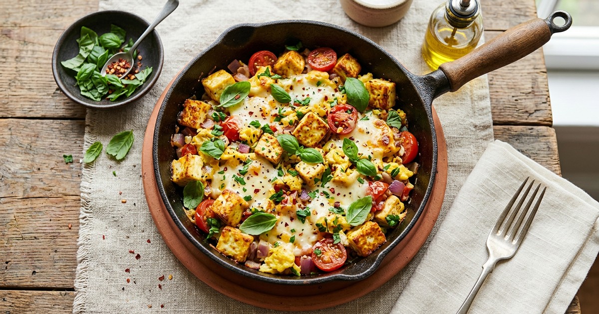 Italian Paneer Breakfast Skillet with Mozzarella and Basil