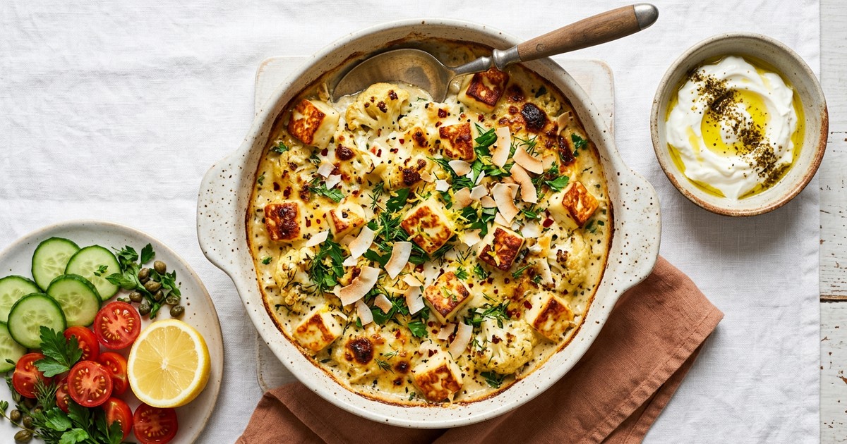 Mediterranean Coconut Cream Halloumi and Cauliflower Bake