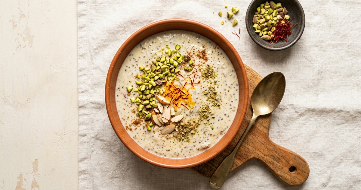 One-Pan Coconut Cardamom Kheer with Saffron & Pistachios