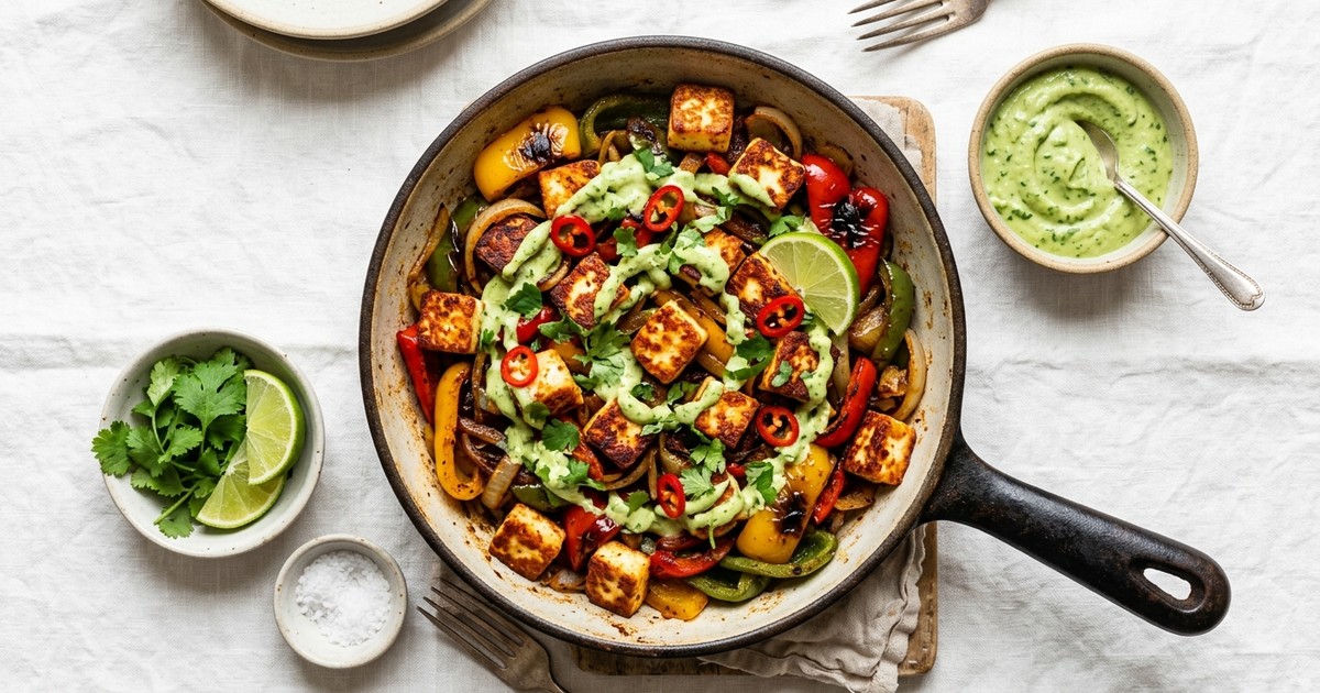 One-Pan Halloumi Alambre with Charred Peppers & Avocado Crema