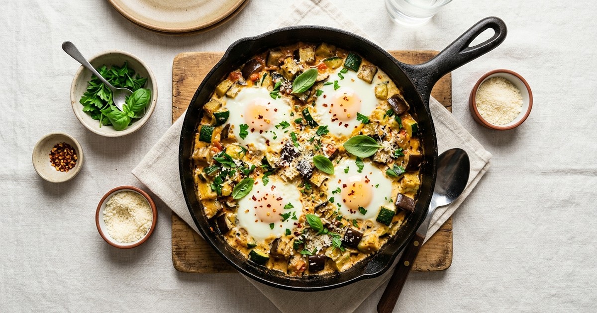 One-Pan Italian Egg & Eggplant Skillet with Parmesan Cream