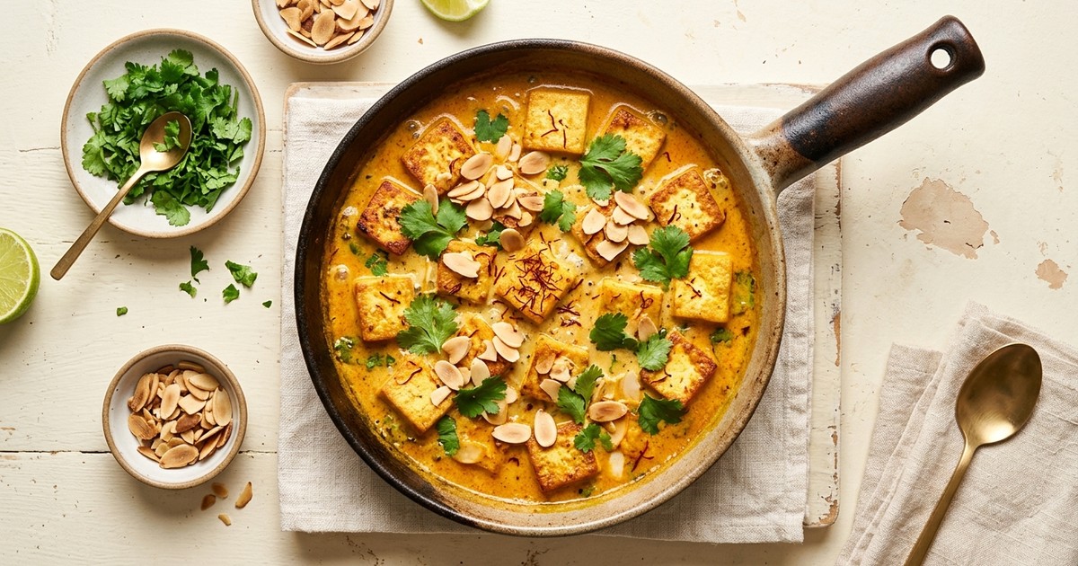 One-Pan Kashmiri Saffron Tofu in Coconut-Almond Cream
