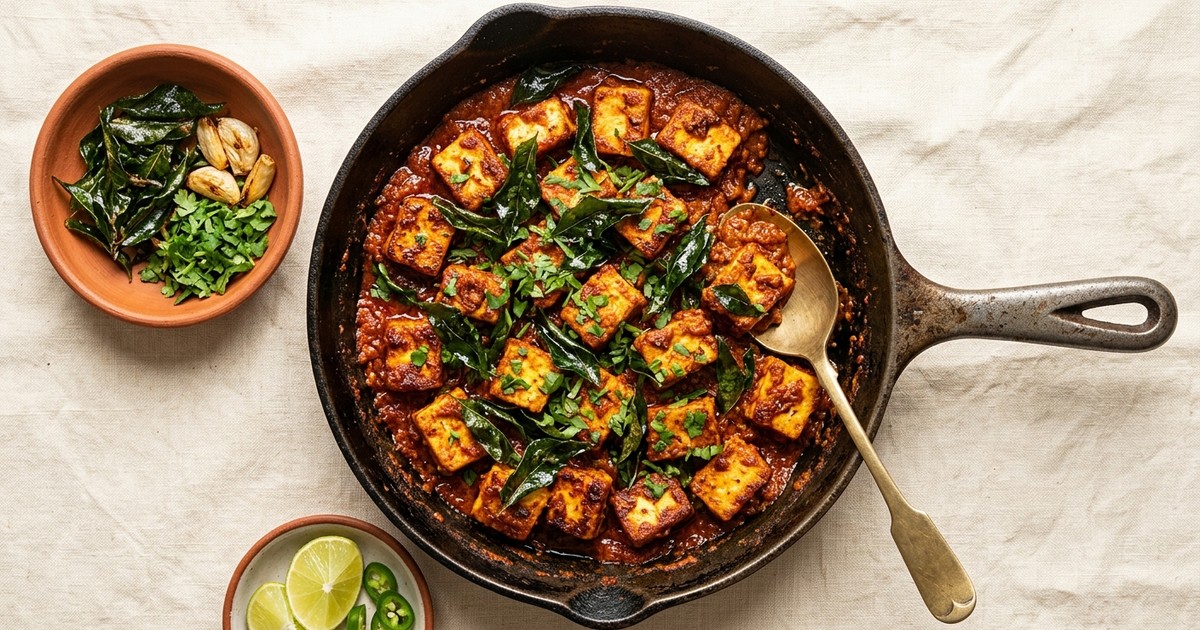 One-Pan Mangalorean Paneer Ghee Roast with Crispy Curry Leaves