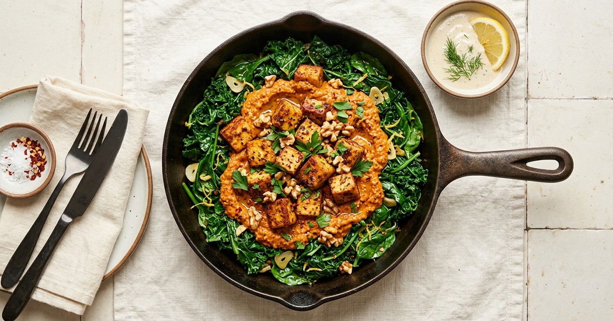 One-Pan Turkish Tofu with Walnut Muhammara & Garlicky Greens