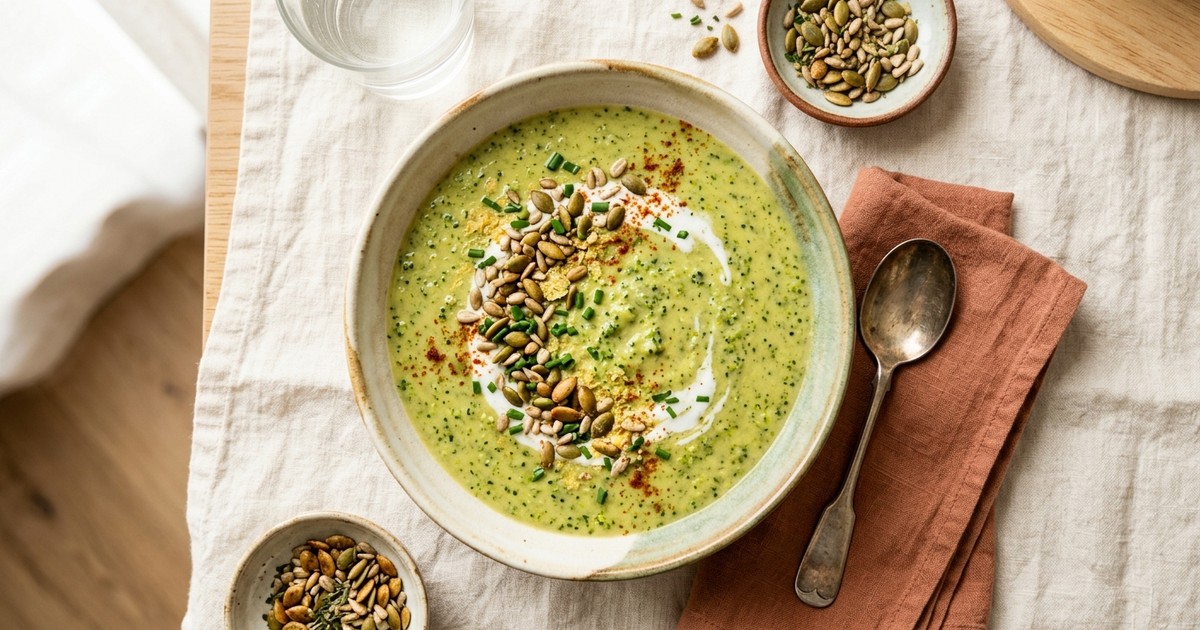 One-Pot Coconut Cream Broccoli "Cheddar" Soup with Toasted Seeds