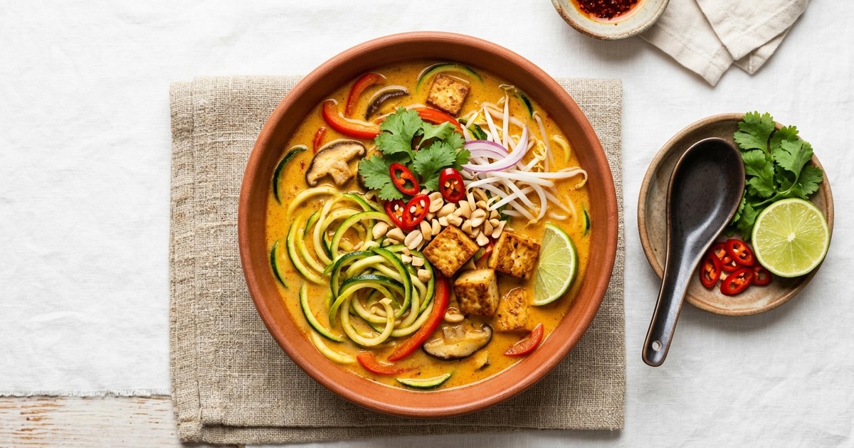 One-Pot Coconut Laksa with Zucchini Noodles & Golden Tofu