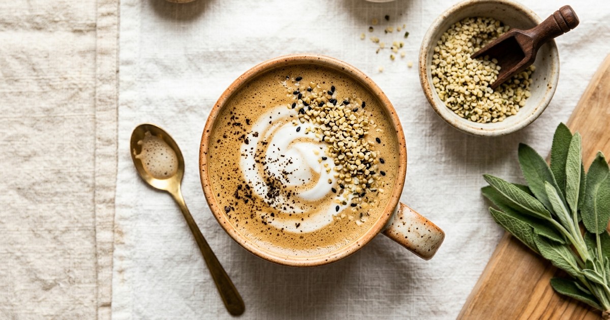 One-Saucepan Japanese Hojicha Latte with Coconut Cream & Toasted Hemp