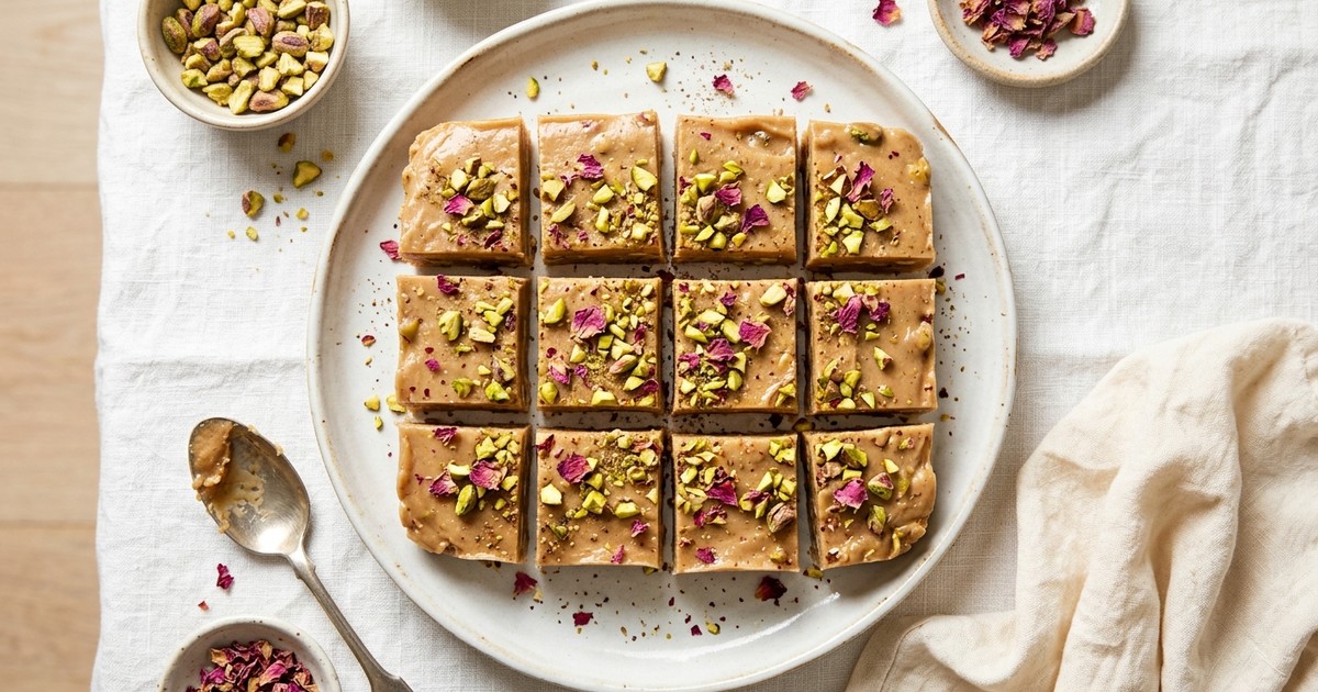 One-Saucepan Turkish Coconut-Tahini Halva Fudge with Rose & Pistachios