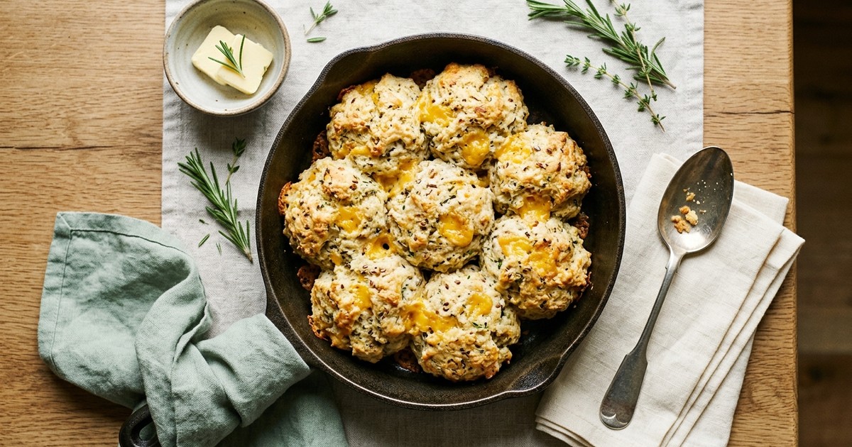 One-Skillet Cheddar & Herb Almond Drop Biscuits with Flax