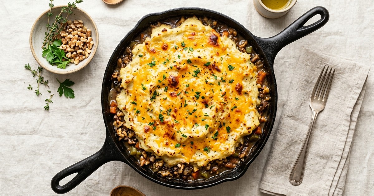 One-Skillet Cheesy Walnut Shepherd's Pie with Cauliflower Mash