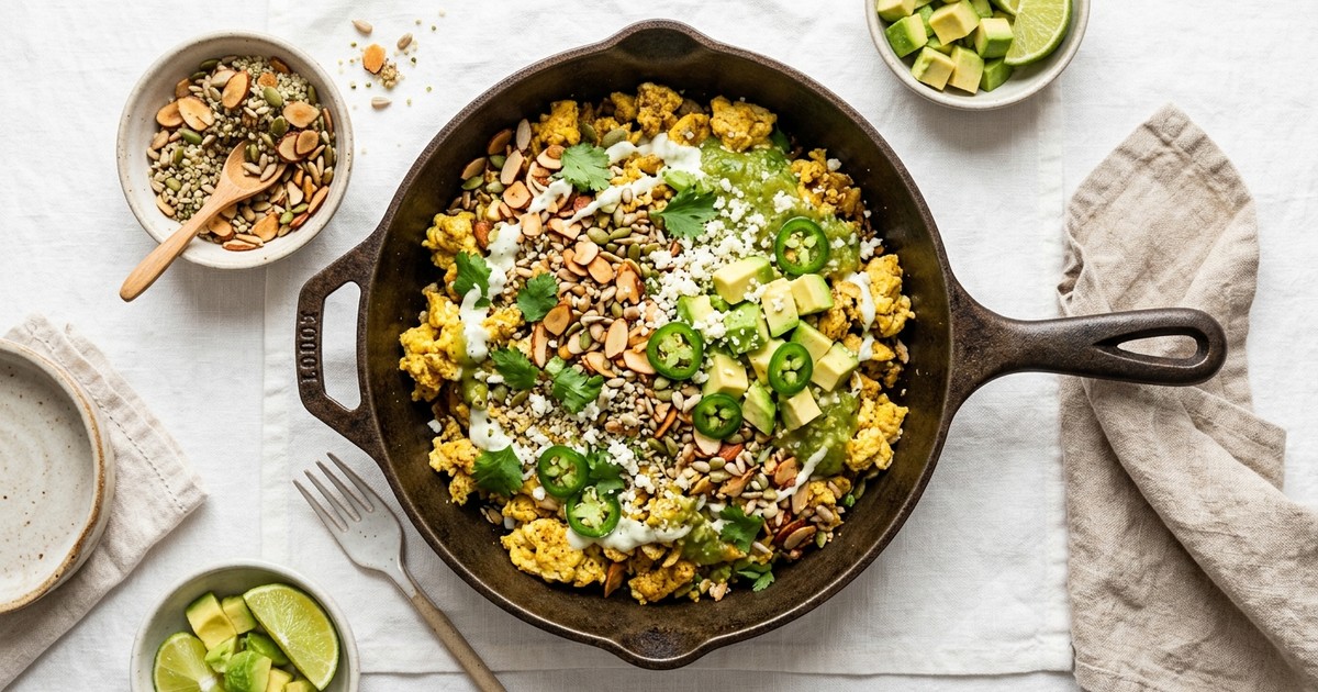 One-Skillet Chilaquiles Scramble with Almond-Seed Crunch