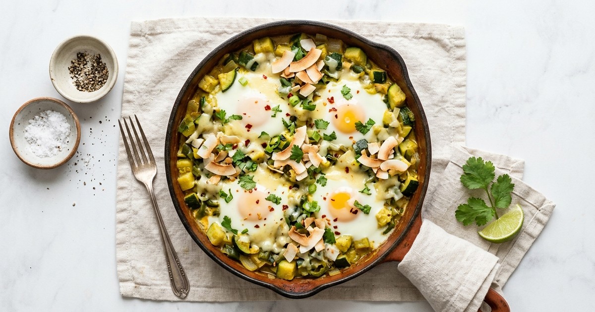 One-Skillet Coconut Cream Calabacitas with Eggs & Pepper Jack