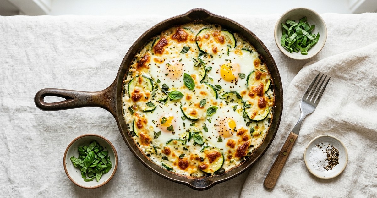 One-Skillet Coconut Cream Zucchini Egg Bake with Bubbly Mozzarella