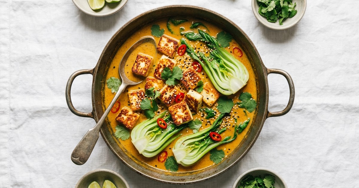 One-Skillet Coconut Curry Halloumi with Sesame Bok Choy