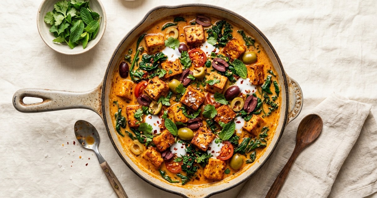 One-Skillet Coconut Harissa Tofu with Olives and Wilted Greens
