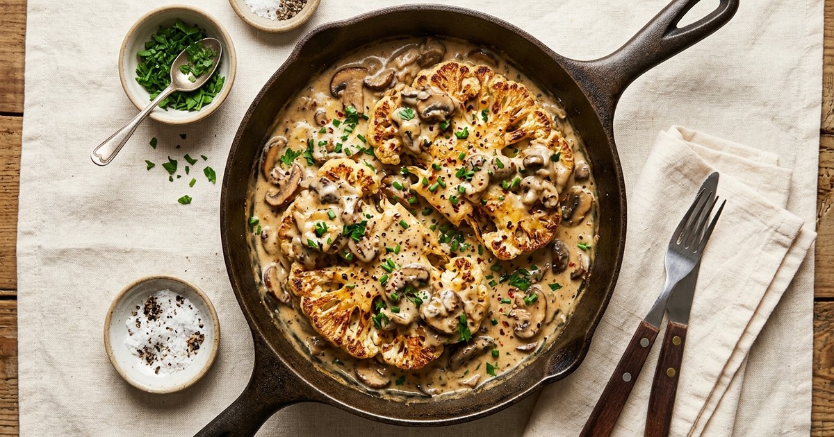 One-Skillet Cream Cheese & Mushroom Smothered Cauliflower Steaks