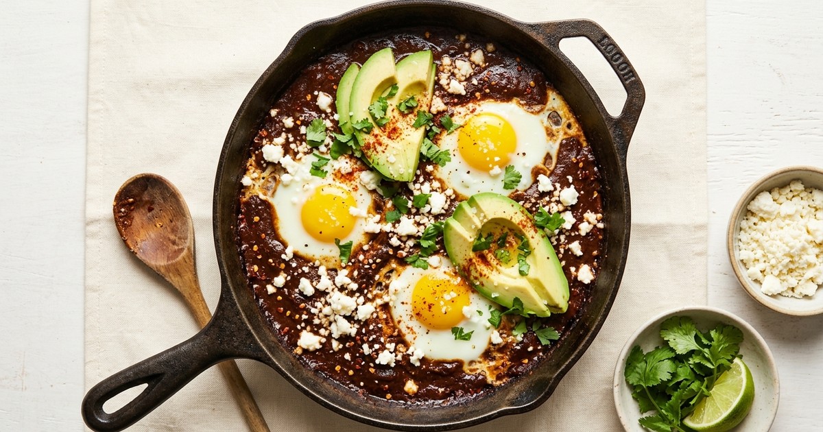 One-Skillet Eggs in Smoky Mole with Cotija & Avocado