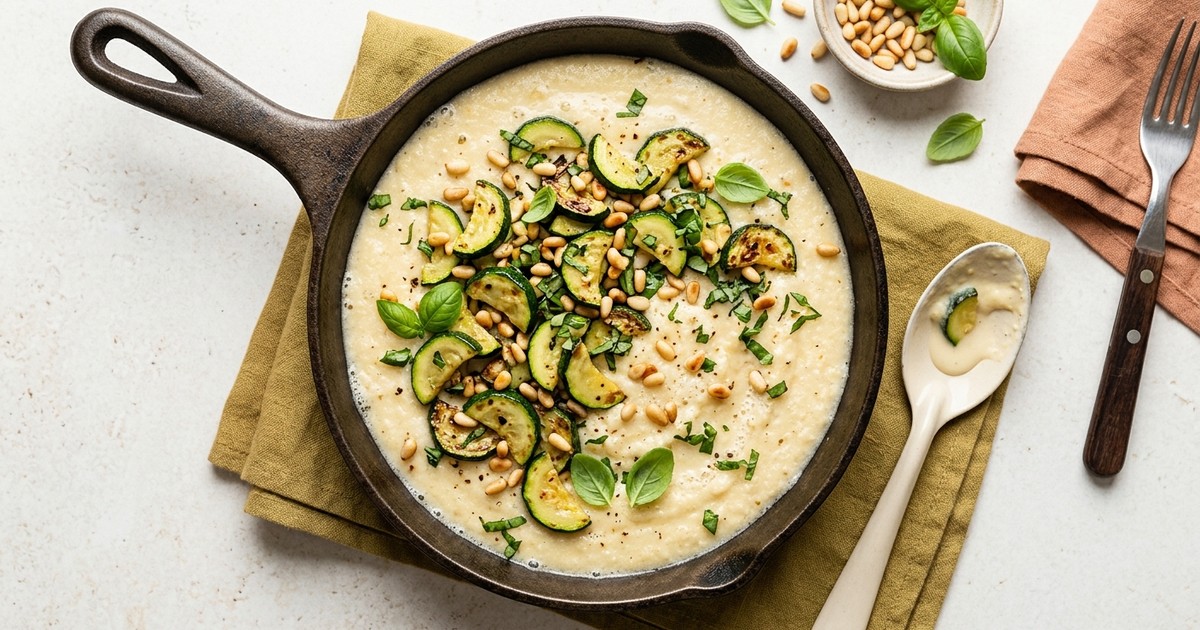 One-Skillet Italian Coconut Cream Polenta with Zucchini & Pine Nuts