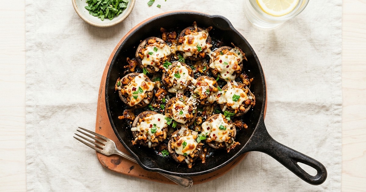 One-Skillet Italian Fennel Tempeh Crumble Stuffed Mushrooms with Mozzarella