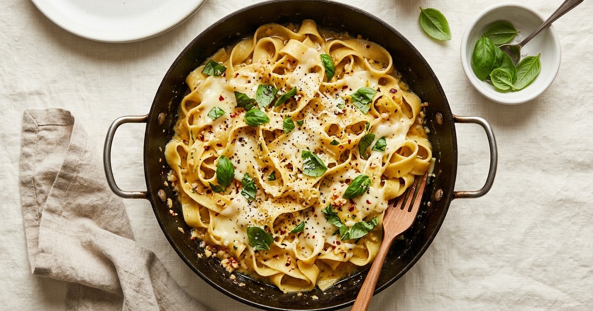 One-Skillet Italian Garlic Butter Egg Ribbons with Mozzarella & Basil