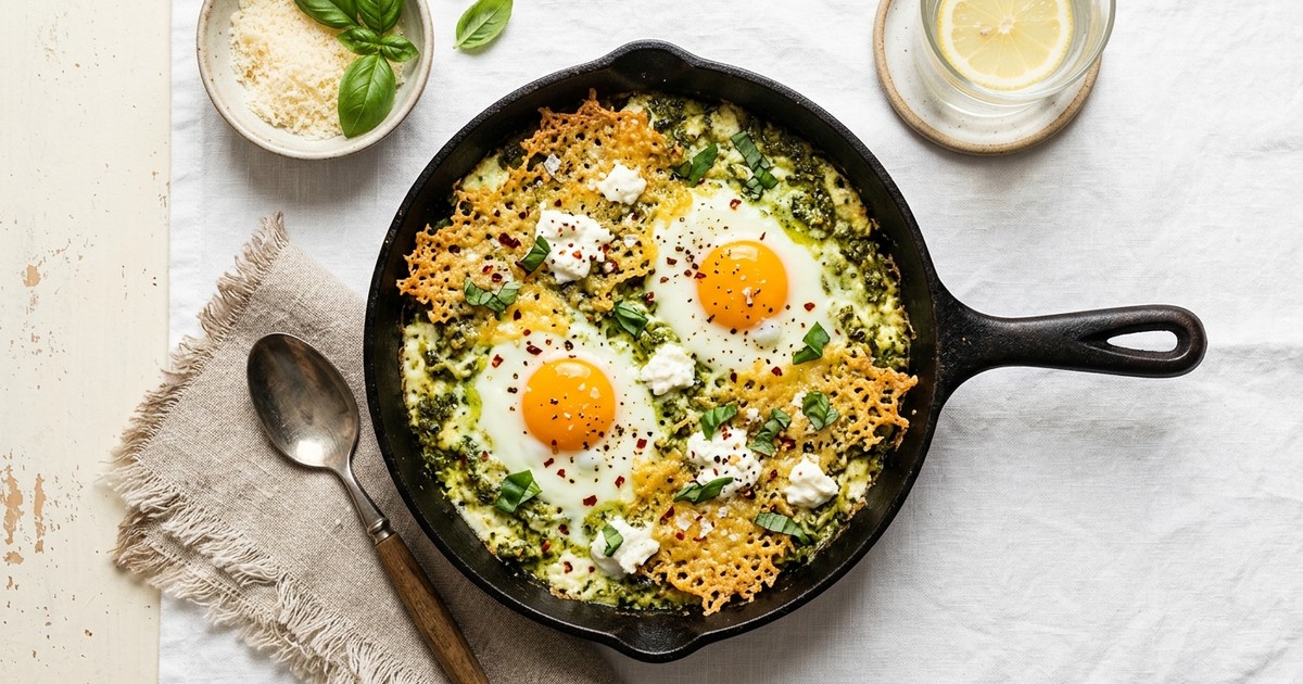 One-Skillet Italian Ricotta Pesto Eggs with Crispy Parmesan