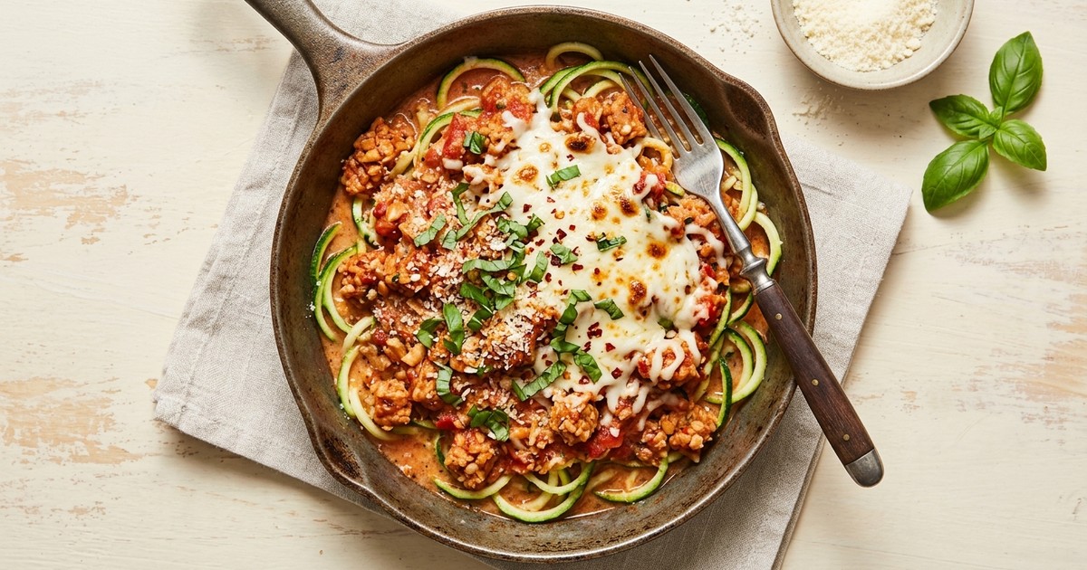 One-Skillet Italian Tempeh Ragù with Creamy Parmesan Zoodles