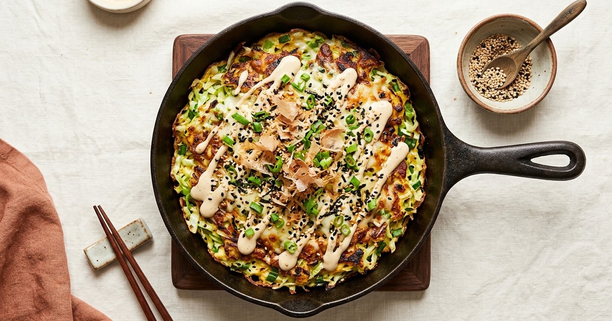 One-Skillet Japanese Okonomiyaki Omelette with Sesame-Mayo Drizzle