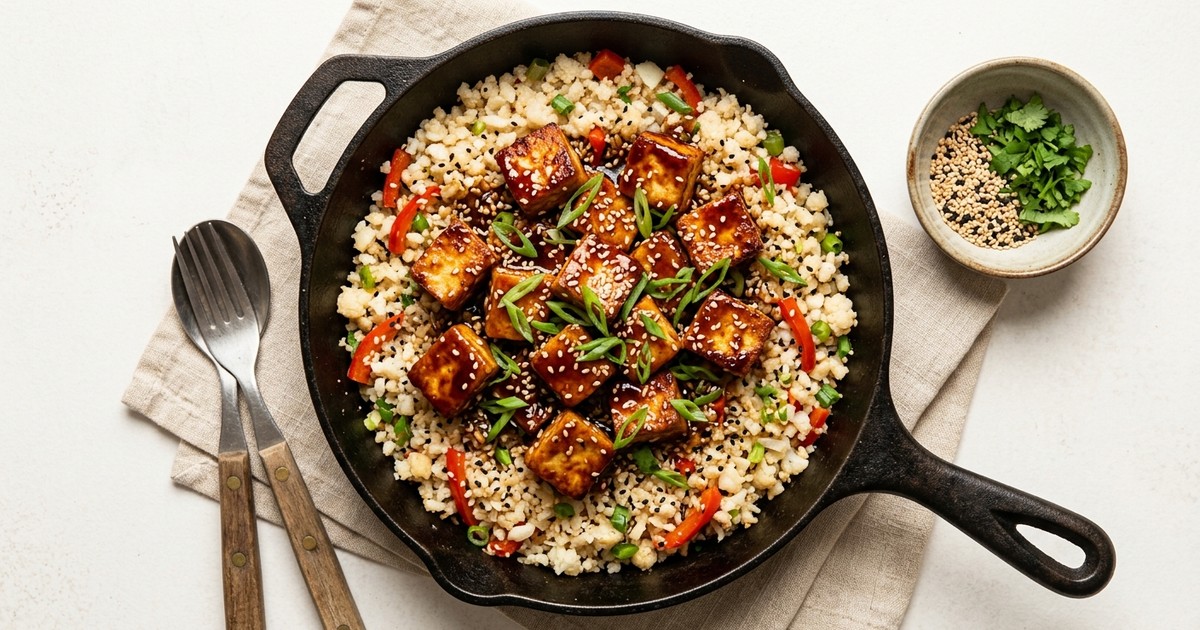 One-Skillet Japanese Teriyaki Paneer with Sesame Cauliflower Rice