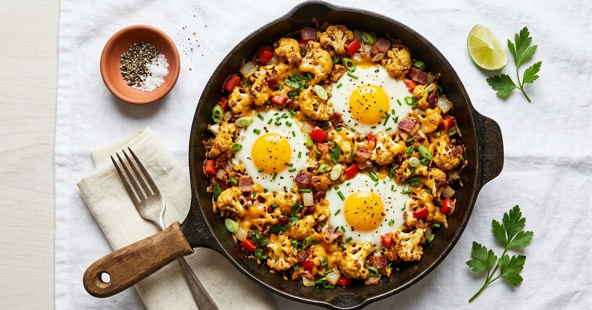 One-Skillet Loaded Cauliflower Hash with Baked Eggs & Cheddar