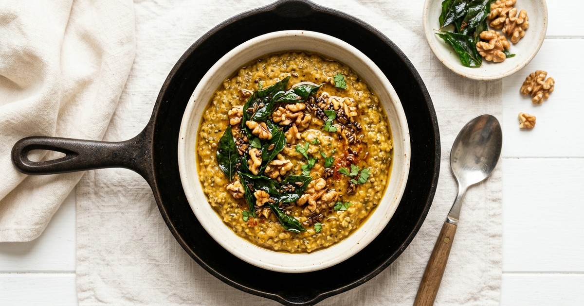 One-Skillet Masala Hemp & Chia Porridge with Walnut-Curry Leaf Tadka