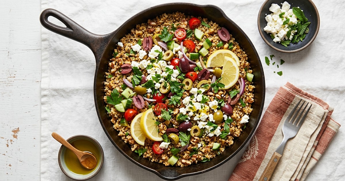 One-Skillet Mediterranean Walnut-Seed Couscous with Feta & Lemon