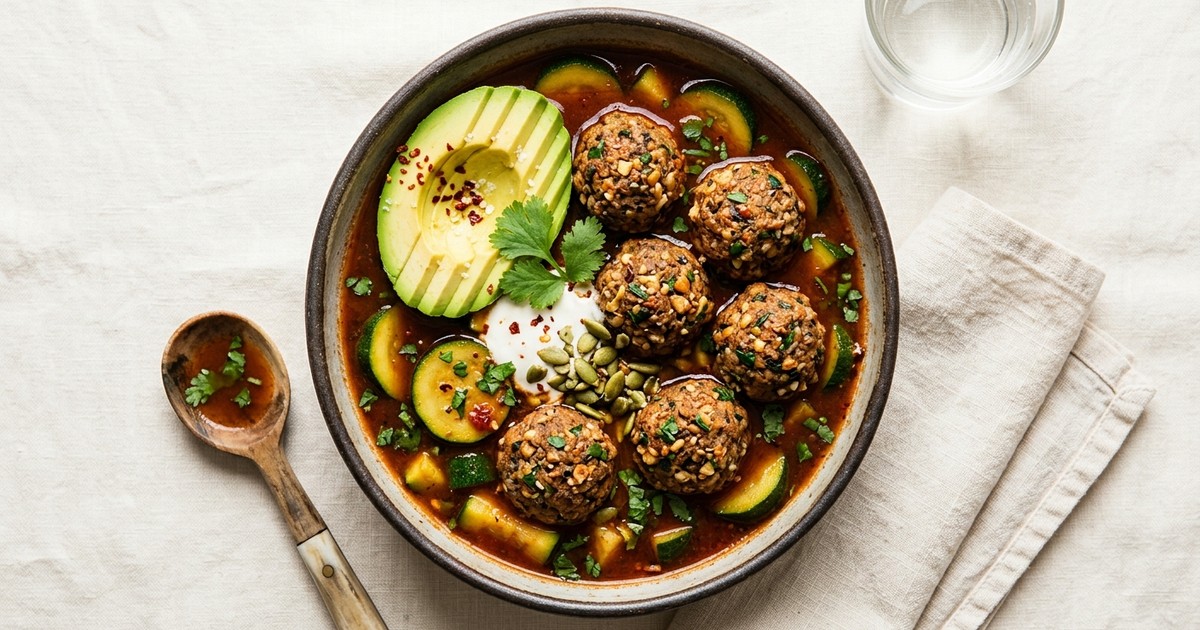 One-Skillet Mexican Walnut-Seed Albondigas in Smoky Chipotle Broth