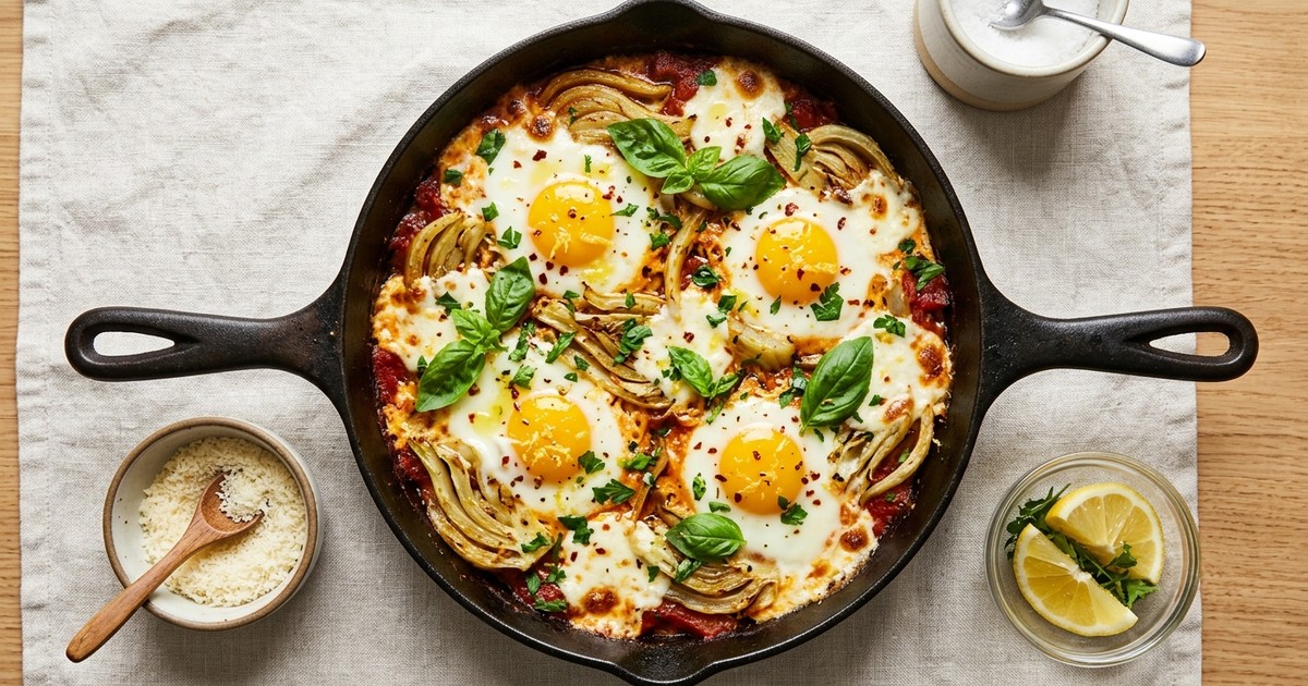 One-Skillet Mozzarella & Fennel Baked Eggs with Lemon-Parmesan Oil
