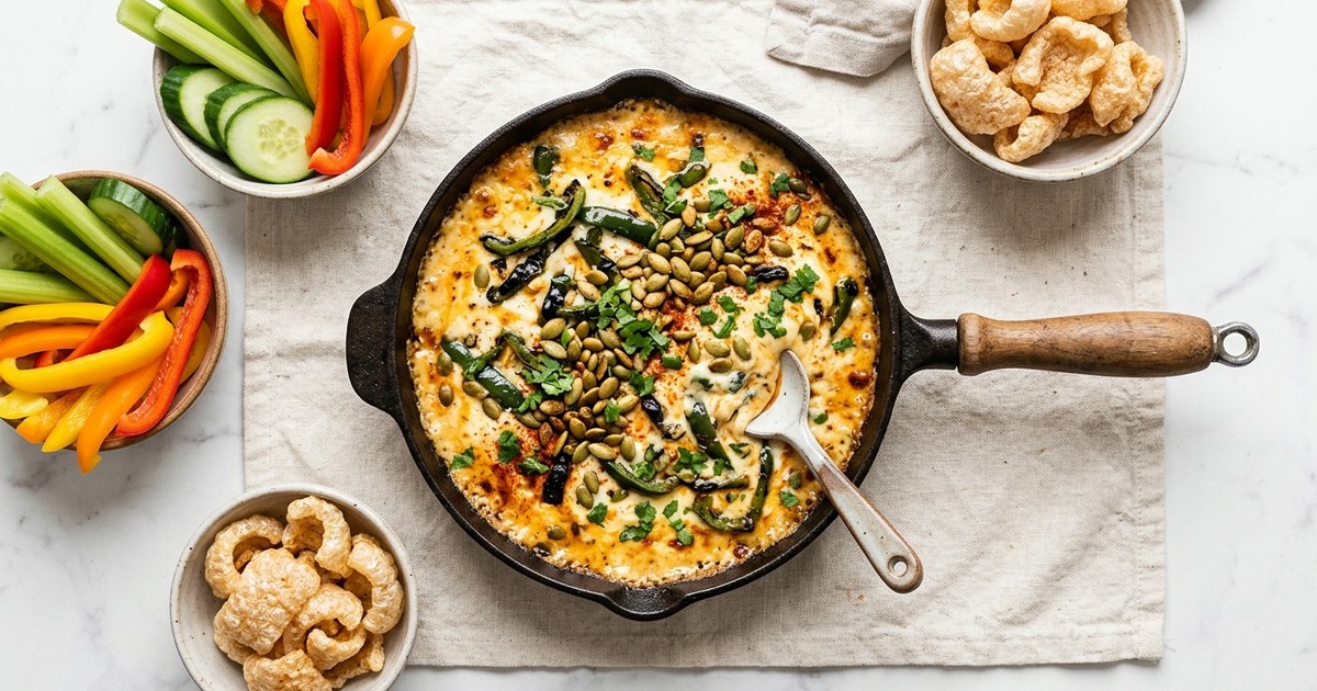 One-Skillet Smoky Cream Cheese Queso Fundido with Rajas & Pepitas